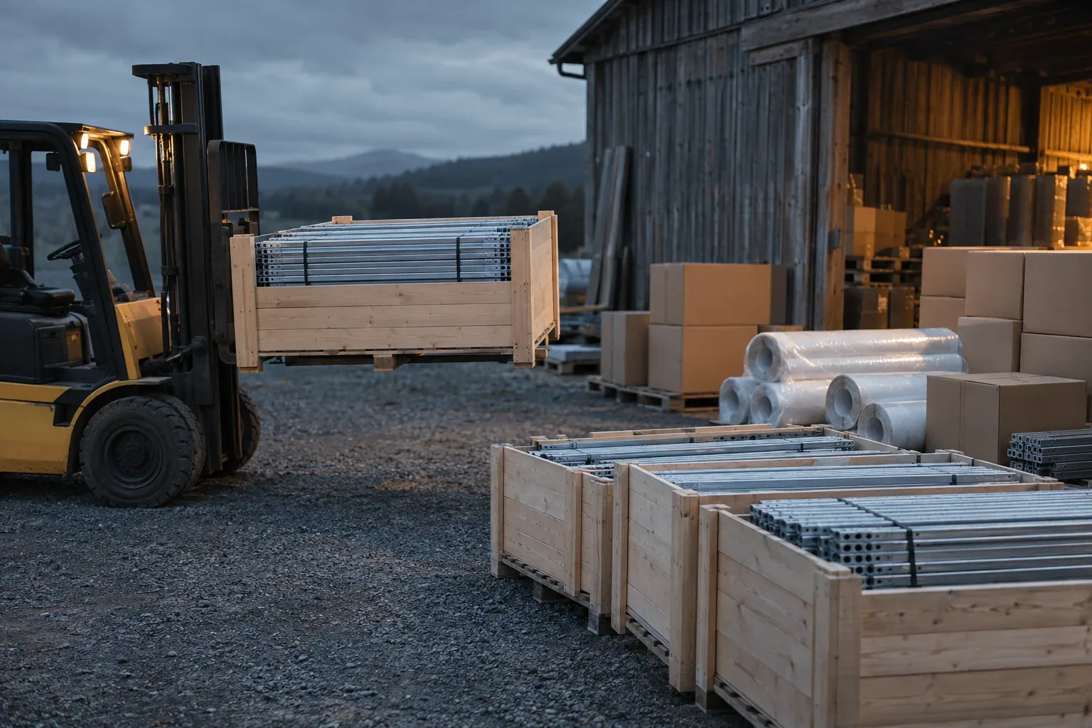 Timber crates of galvanized struts, boxed hubs and rolled white covers on a gravel yard by a barn, a forklift beside them