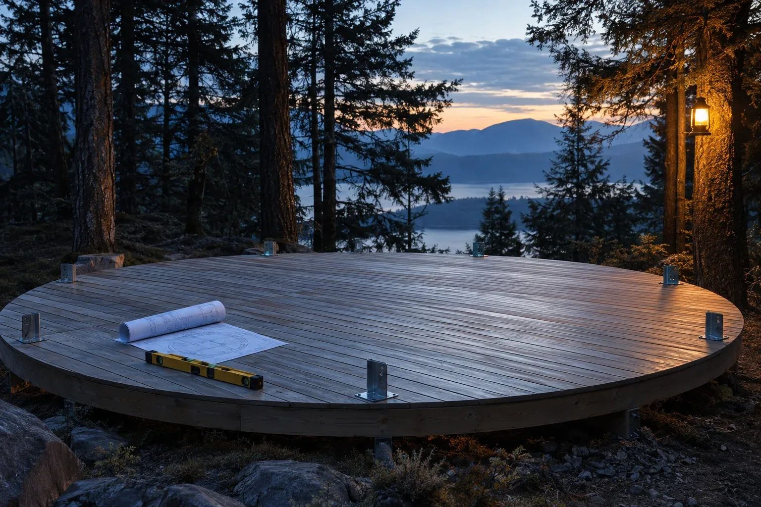 An empty round timber deck with steel anchor plates round its edge in a forest clearing, a level and a rolled drawing on the boards