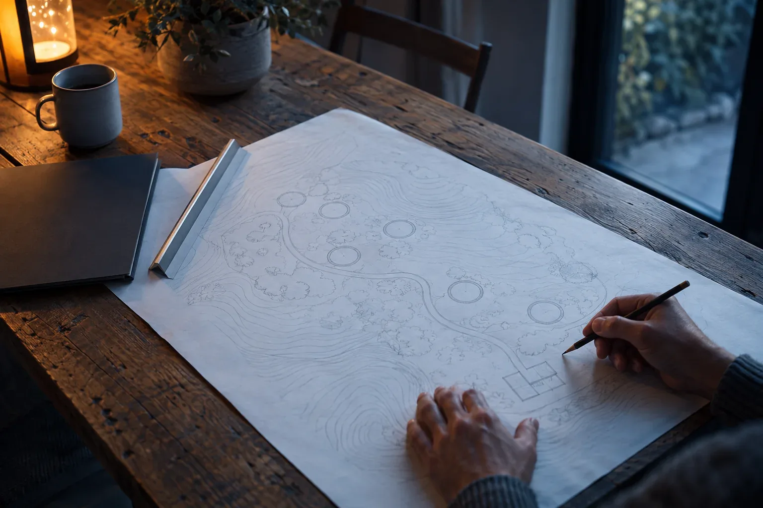 Hands drawing a site plan of dome pads, a path and a small bathhouse on a farmhouse table