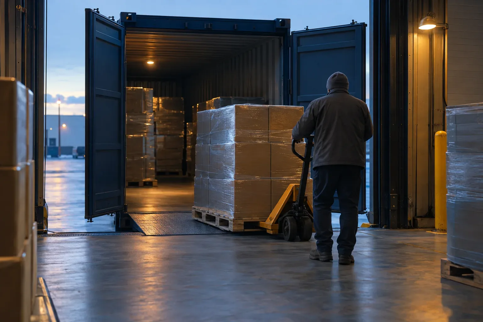 A pallet of plain cartons rolled out of a dark blue shipping container at a warehouse dock at dawn