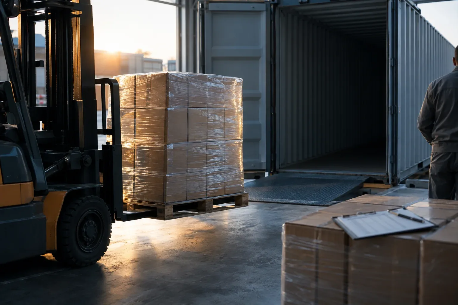 A pallet of cartons being set down at an open container door on a factory loading bay.