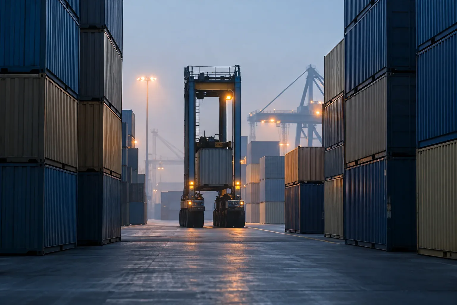 Rows of stacked shipping containers at a port in early morning haze.
