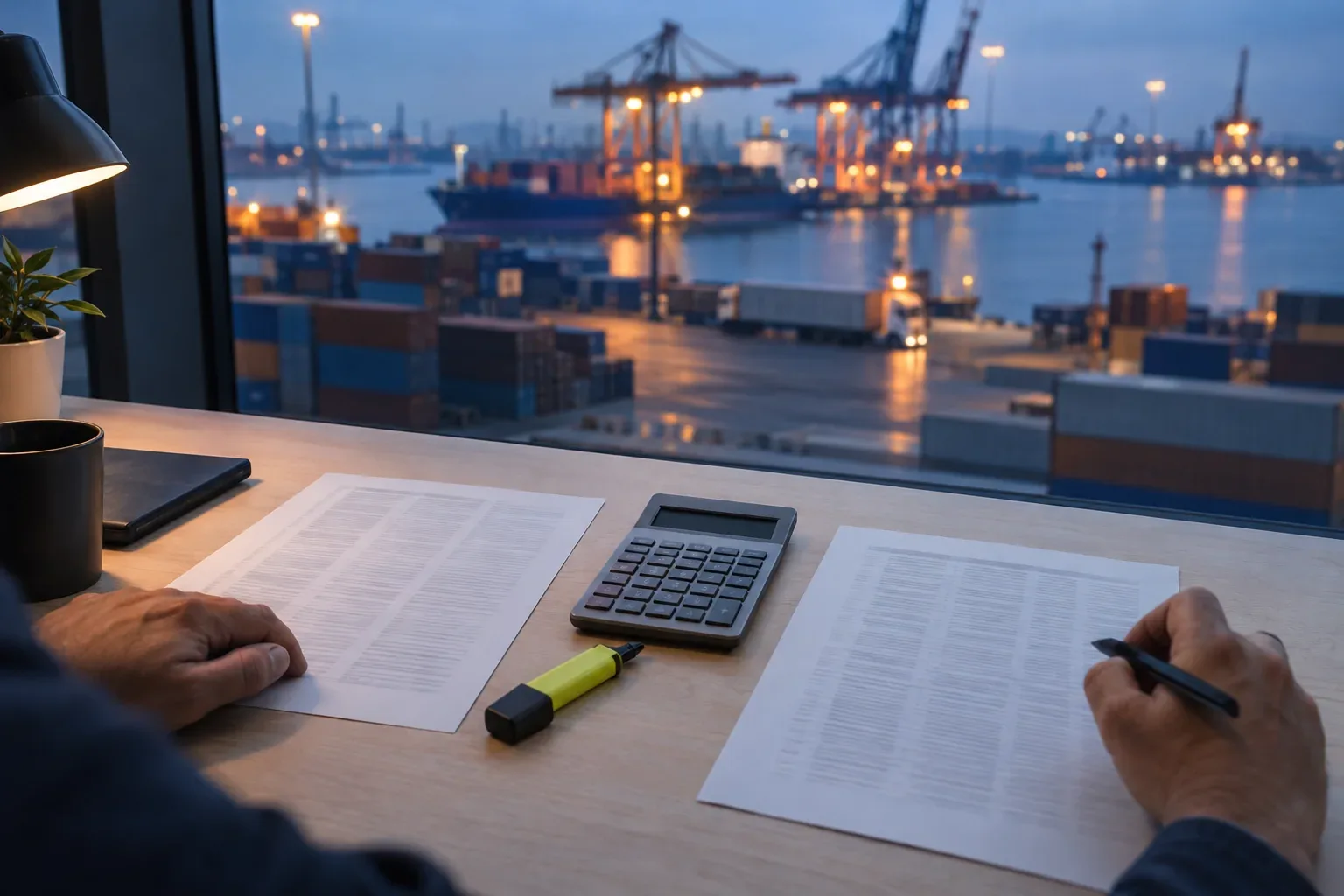 Two printed quotations side by side on a desk with a calculator, a container yard beyond the window.