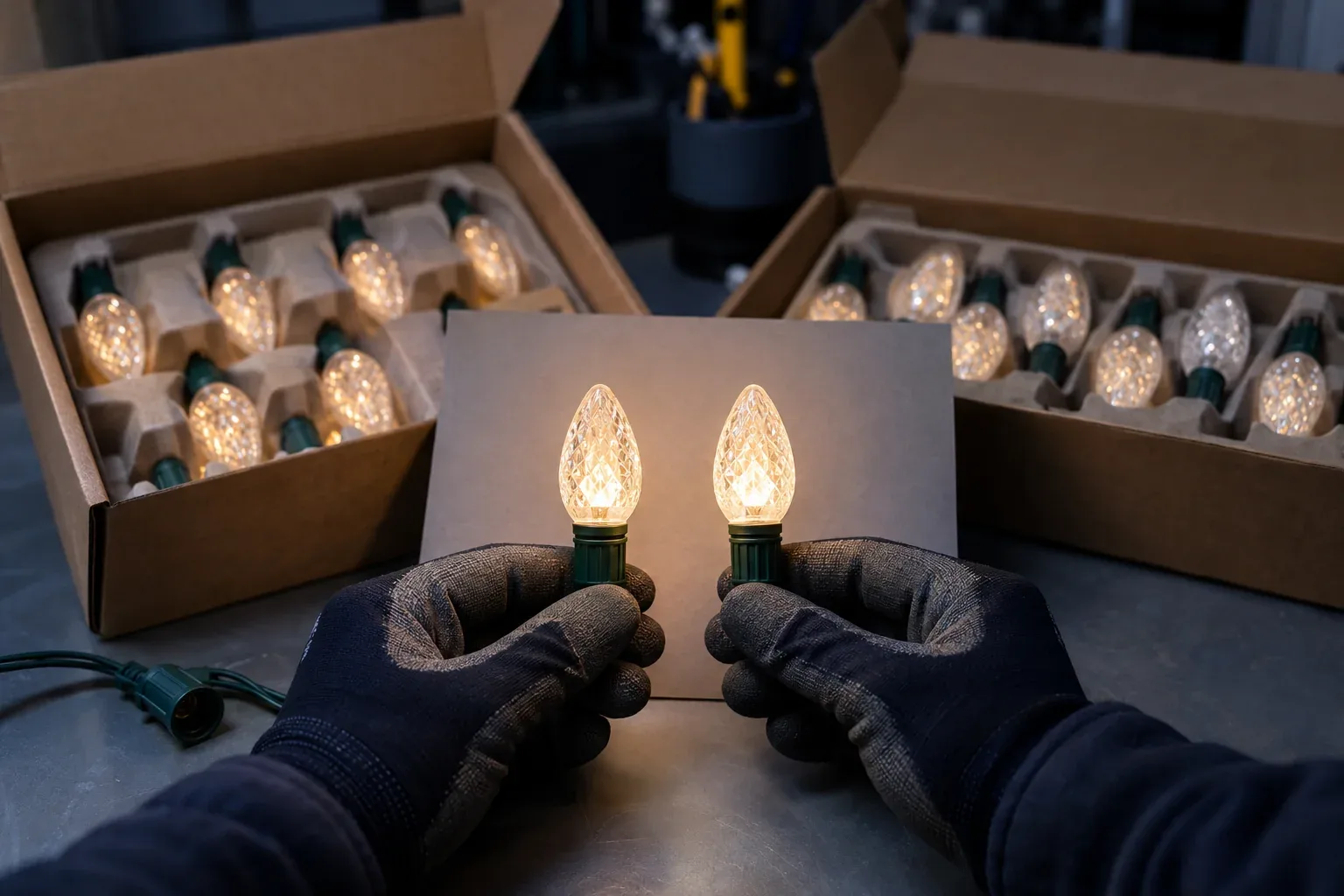 Gloved hands holding two lit warm-white C9 bulbs from two open cartons side by side over a grey card on a workbench