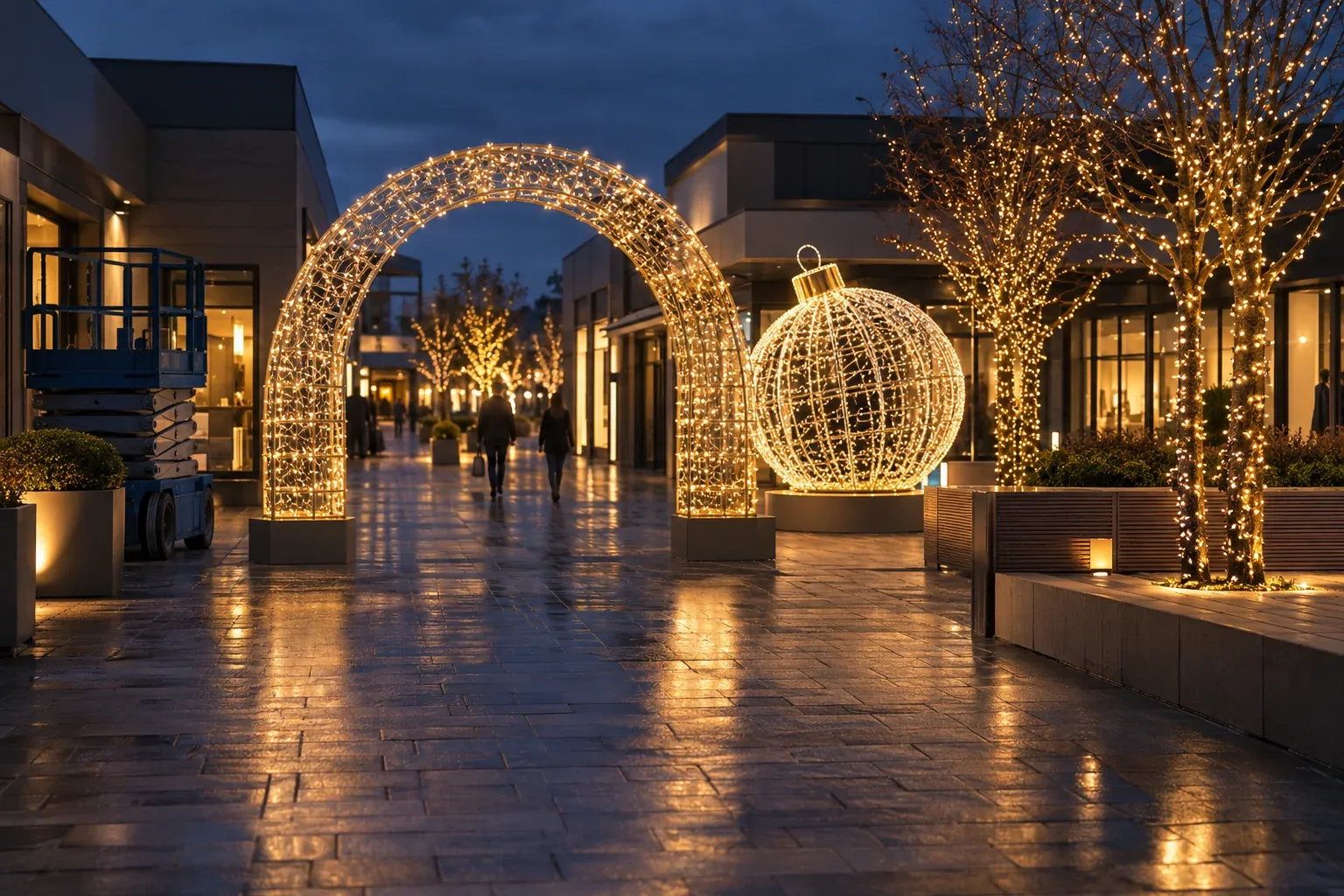 A shopping-centre forecourt at dusk with a lit walk-through arch, a giant ornament, trees wrapped in warm white and a parked scissor lift
