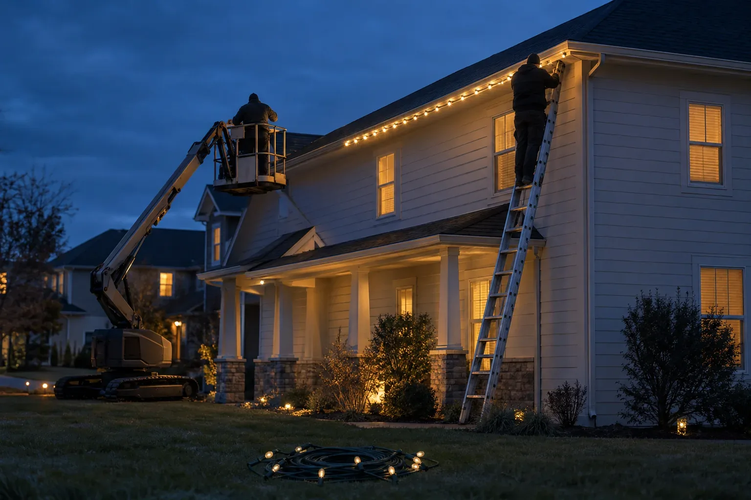Two installers seen from behind, on a ladder and a small lift, fitting warm-white C9 bulbs along the gutter of a two-storey house at blue hour