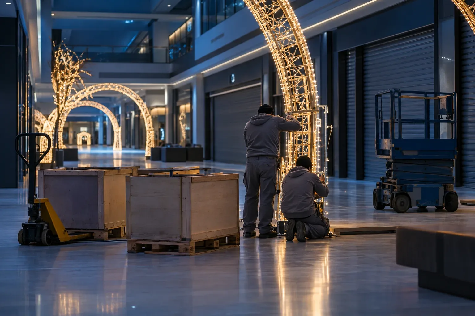 Two installers seen from behind putting up lit arch sections in a closed mall at night, beside open crates and a scissor lift