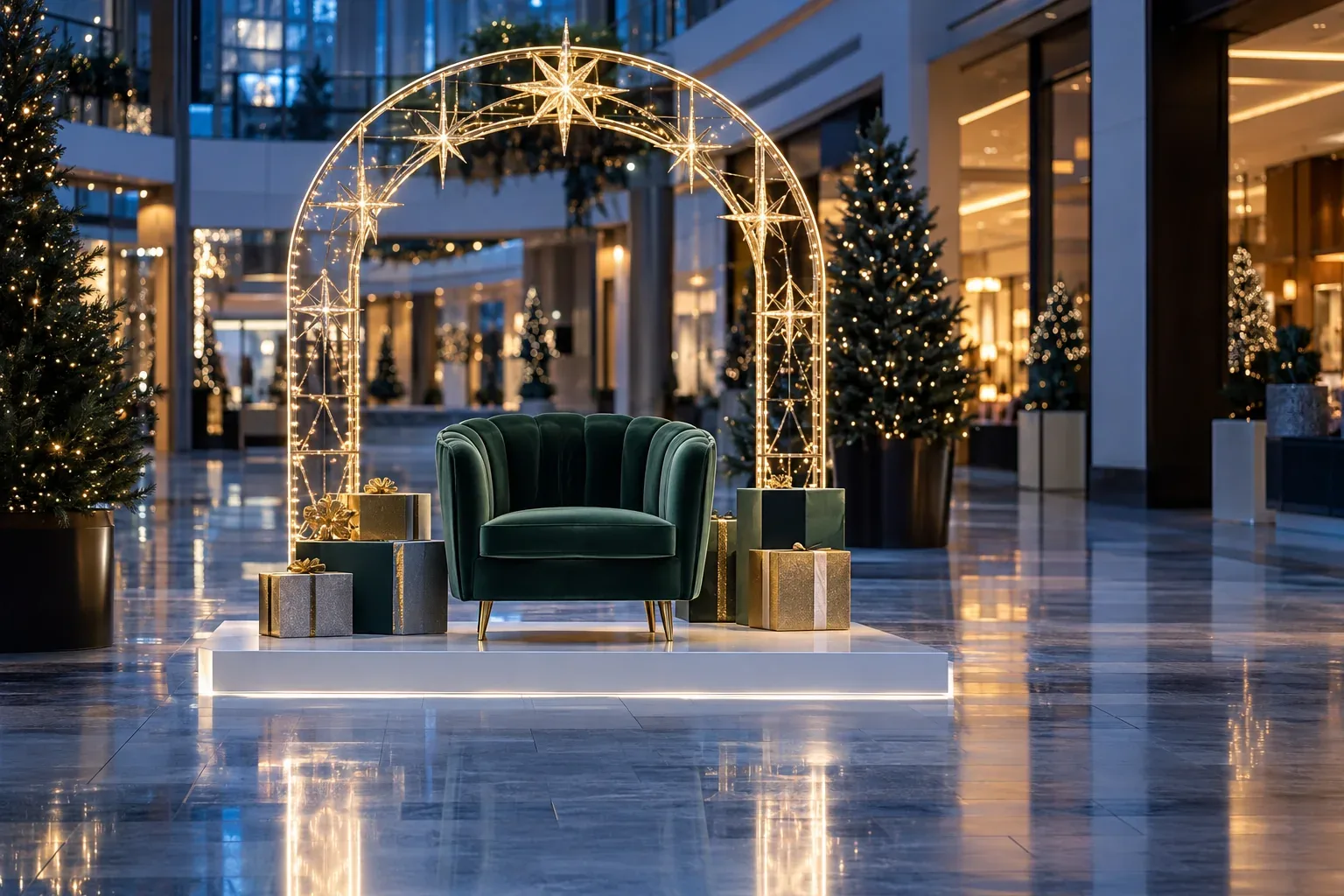 An empty photo spot under a lit arch in a mall concourse, a green chair on a low platform and the walkway clear on both sides