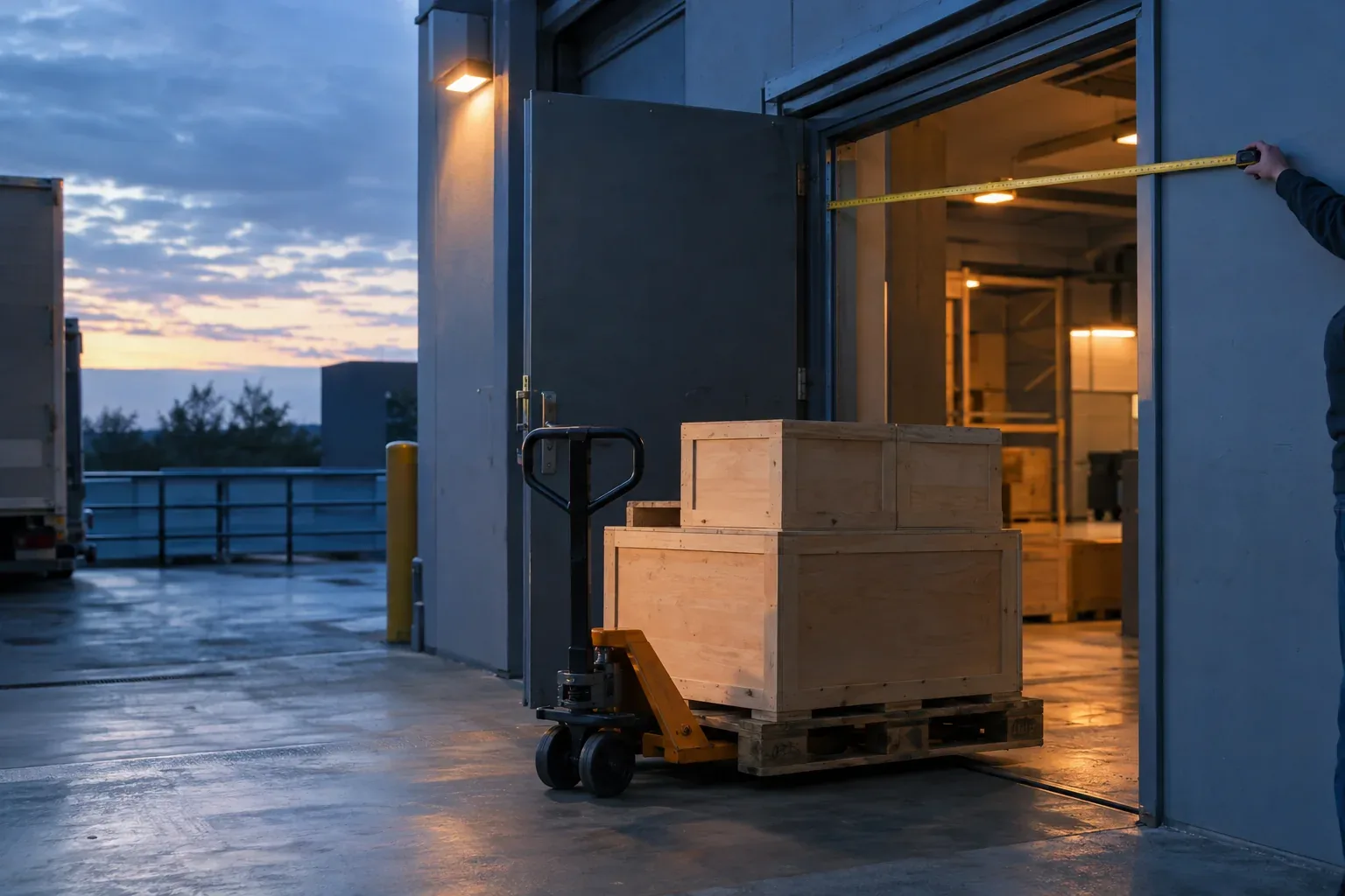Crates on a pallet jack at a mall's open service door at dawn, a tape measure held across the door frame