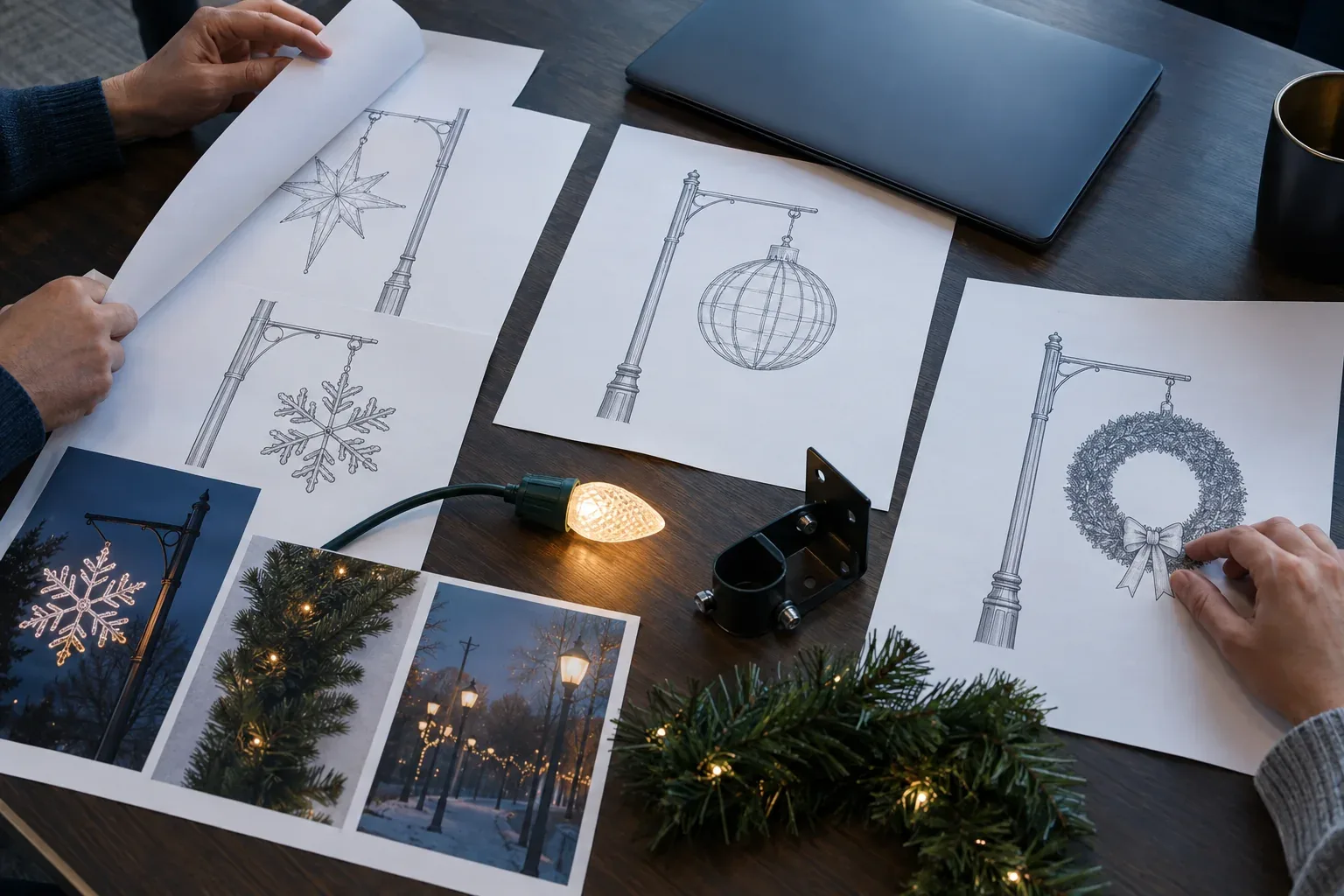 Bid documents with line drawings of lamp-post decorations on a table, with a C9 bulb, a pole bracket and a length of garland