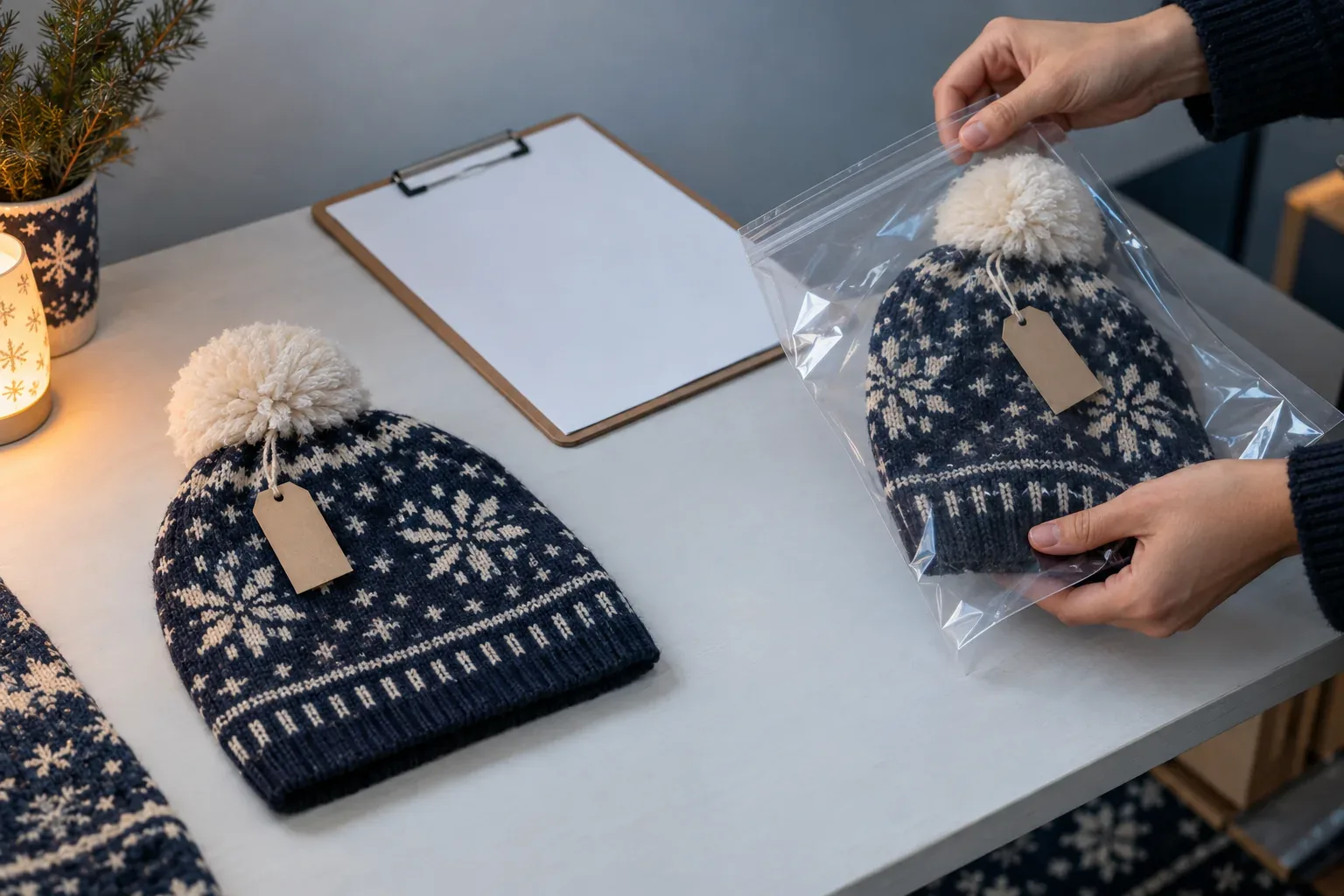 Two matching knitted beanies with blank tags, one going into a bag as the kept sample