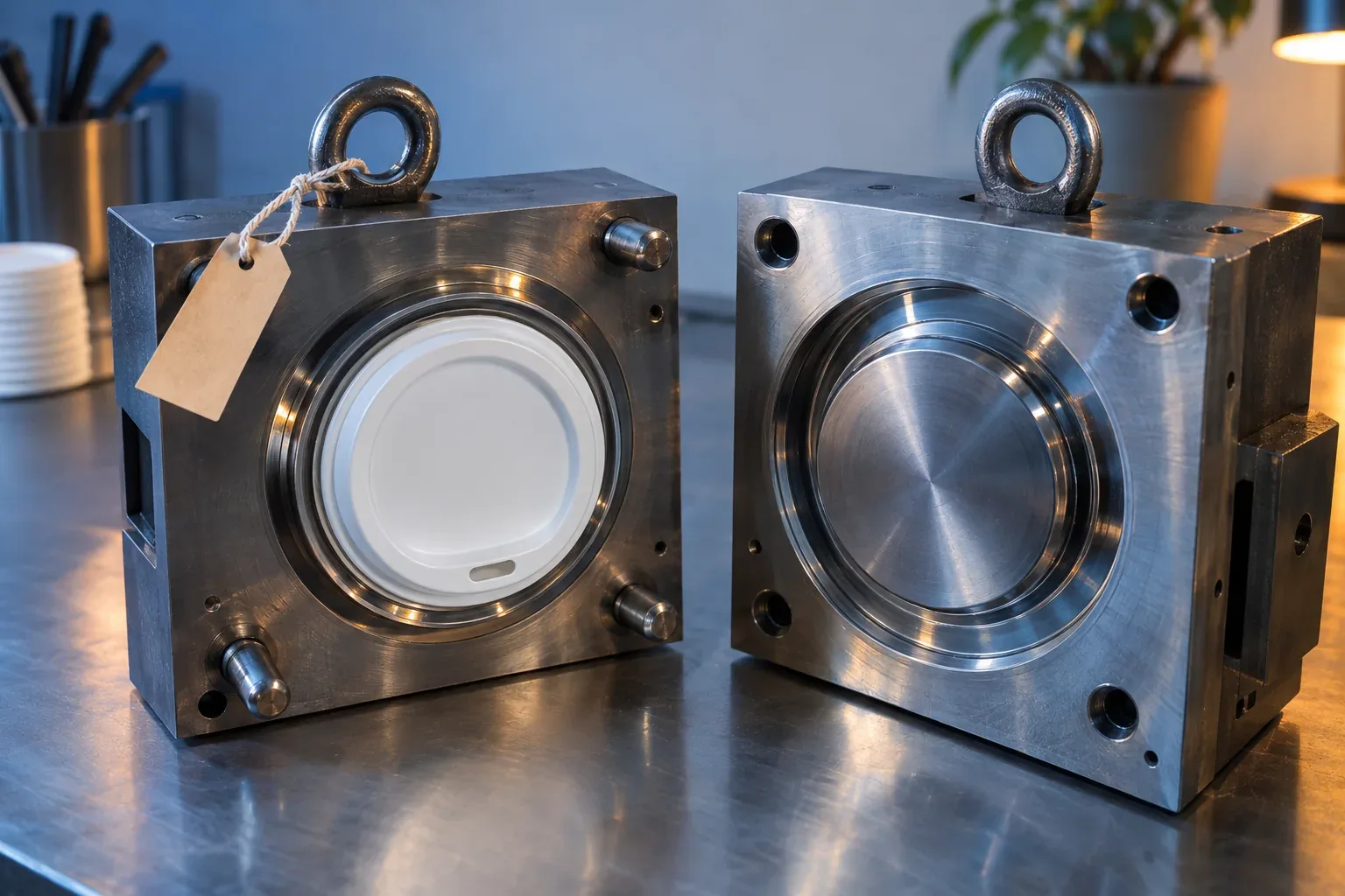 An open two-part steel mould with a moulded lid in it and a blank tag tied on