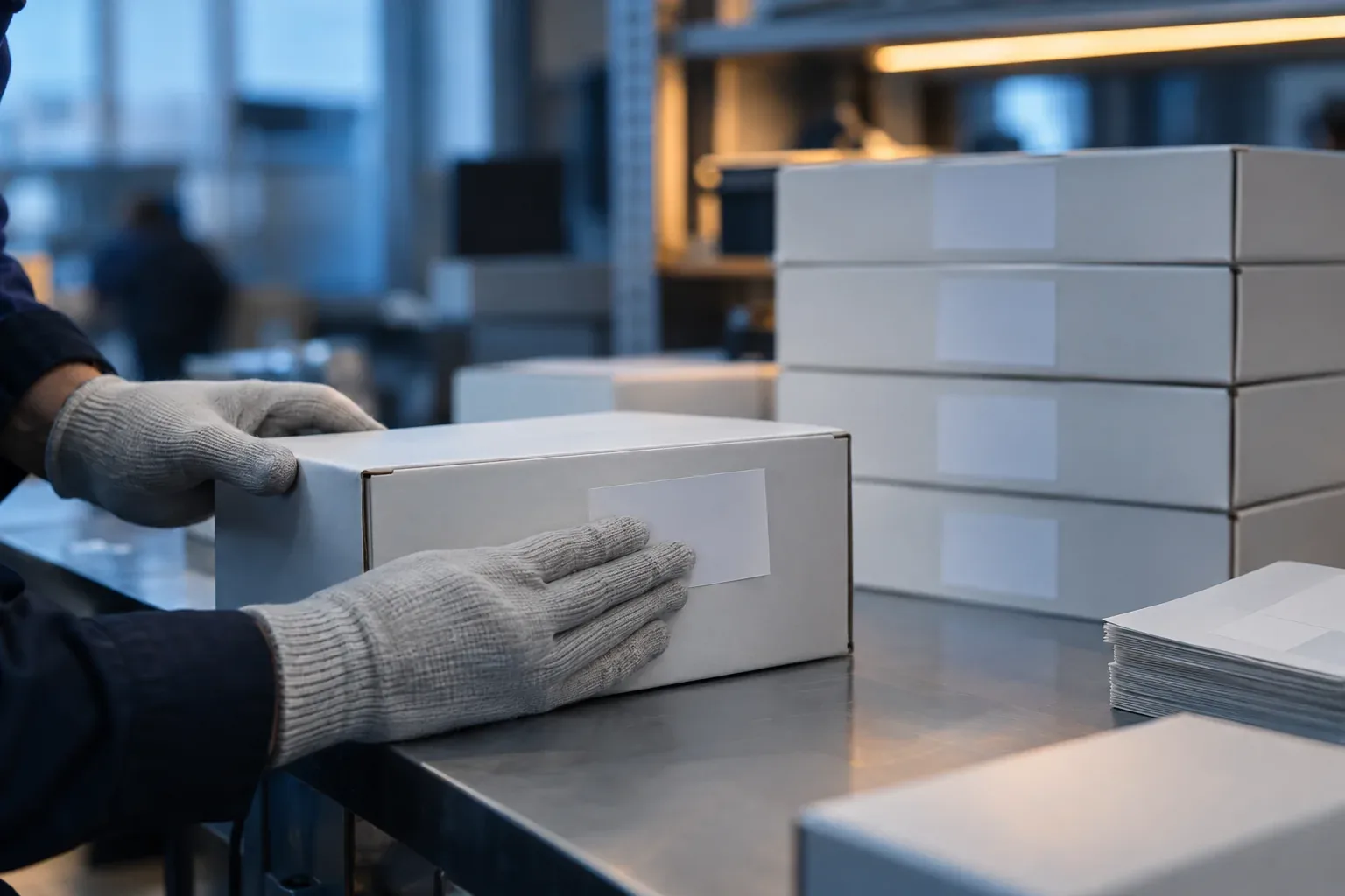 A gloved hand smoothing a blank label onto a plain white inner box