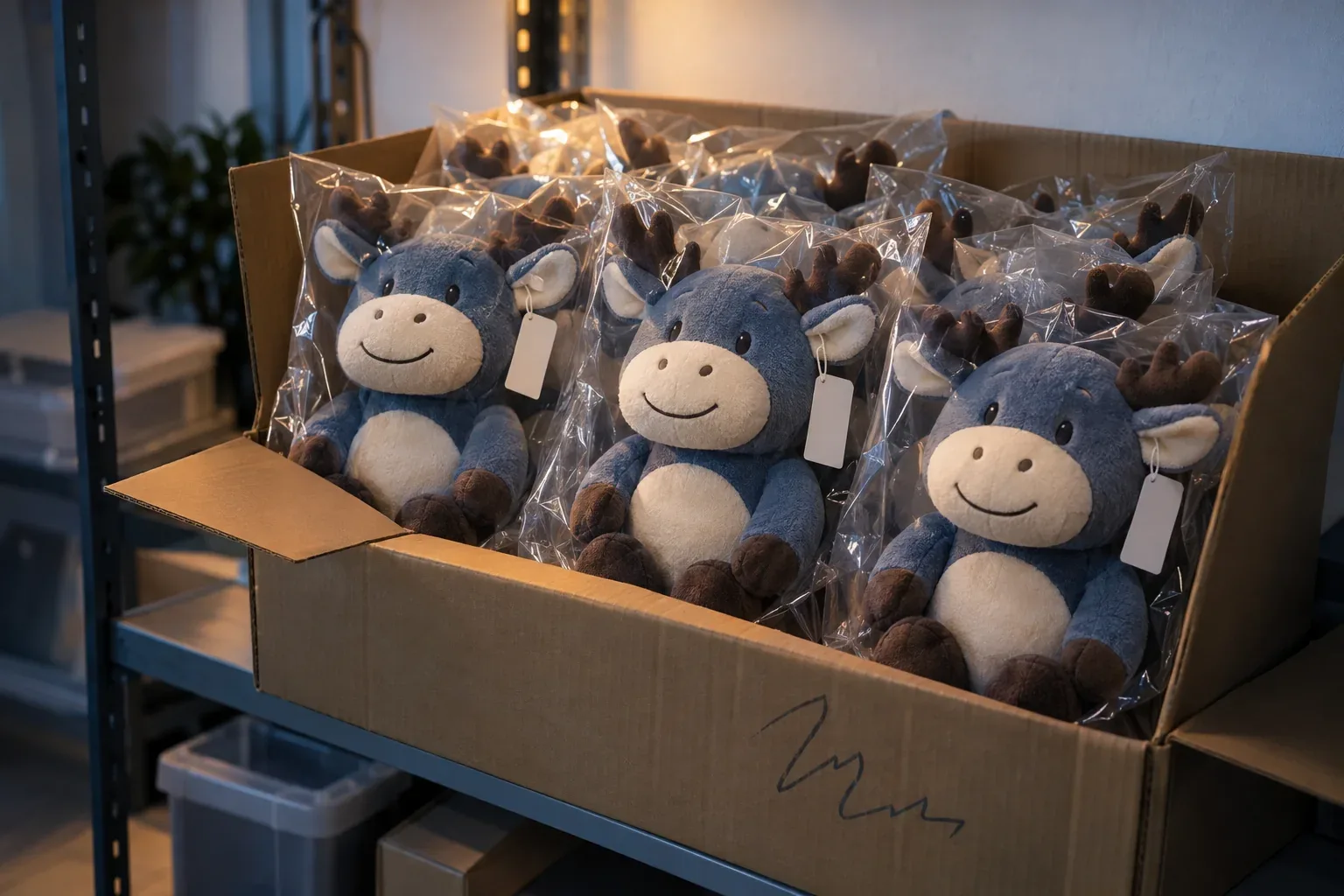 Moose plush in clear bags with blank hang tags packed upright in an open brown carton on a back-room shelf