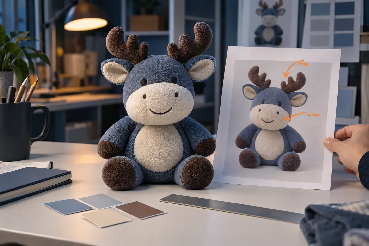 A first-sample moose plush on a desk beside a printed photo of itself marked with orange hand-drawn arrows at the antlers and muzzle, with colour chips and a ruler in front