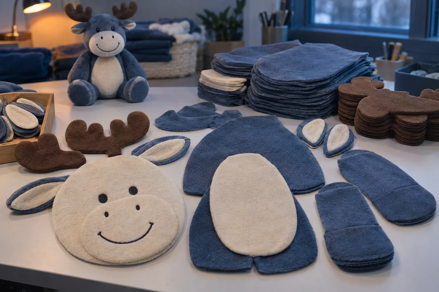 Cut plush panels for a slate blue moose on a cutting table, the cream face panel already embroidered with eyes and a smile, with stacks of identical cut pieces behind it