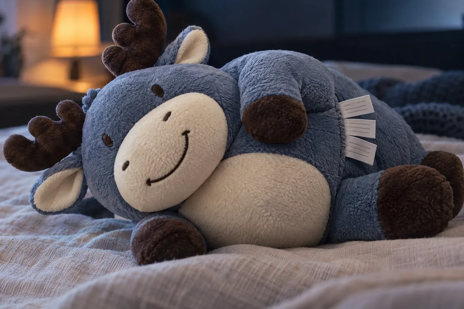 Three folded fabric labels sewn into the side seam of a moose plush