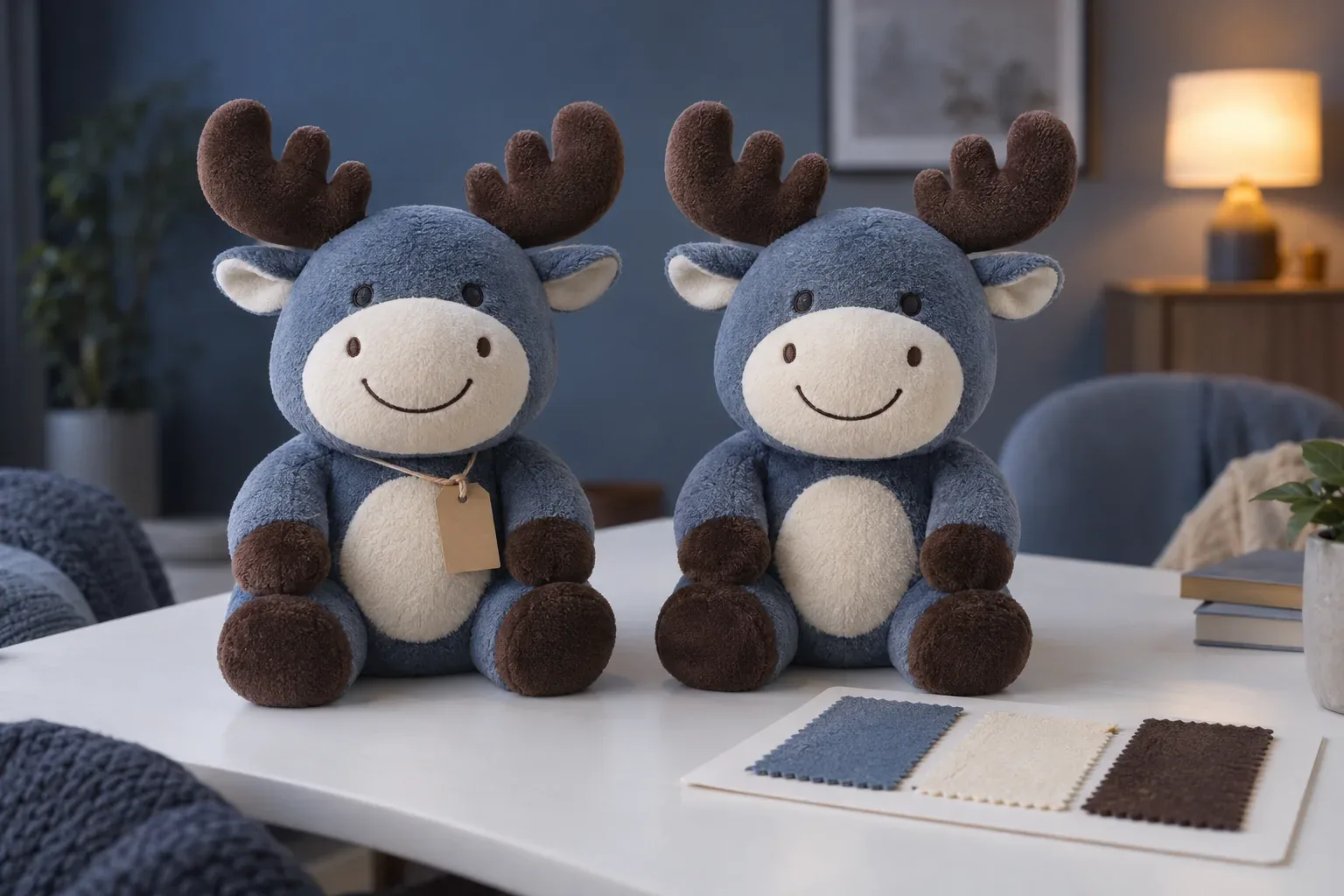 Two identical moose plush side by side, one with a kraft tag, beside a fabric swatch card