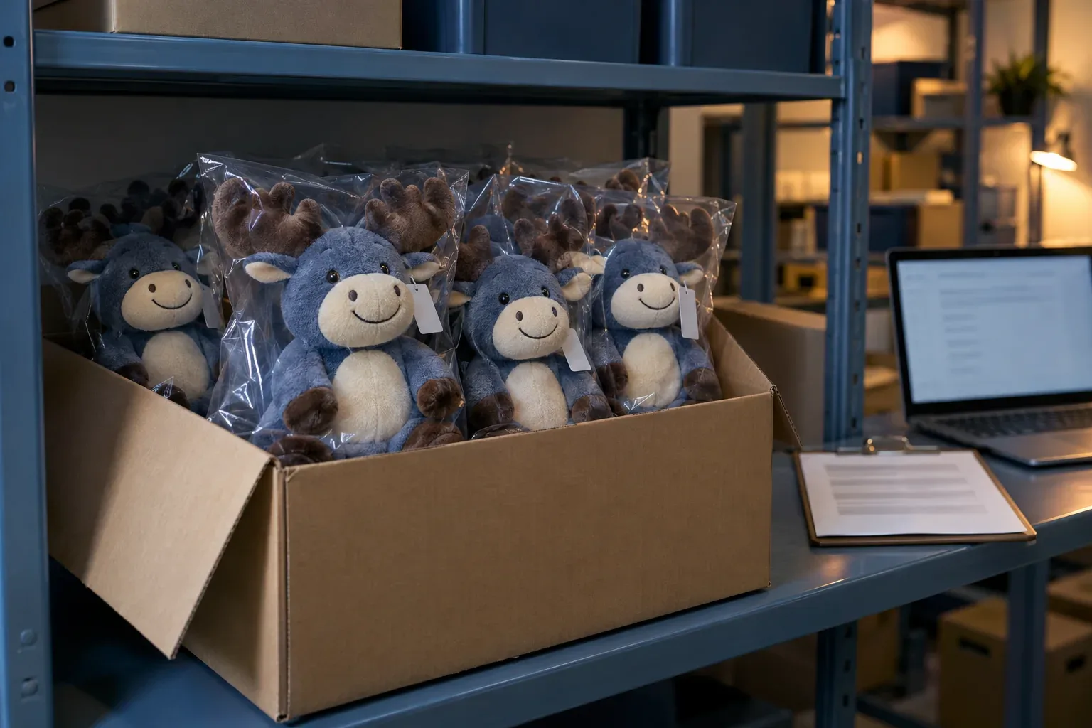 Bagged moose plush with blank hang tags in an open carton on a stockroom shelf