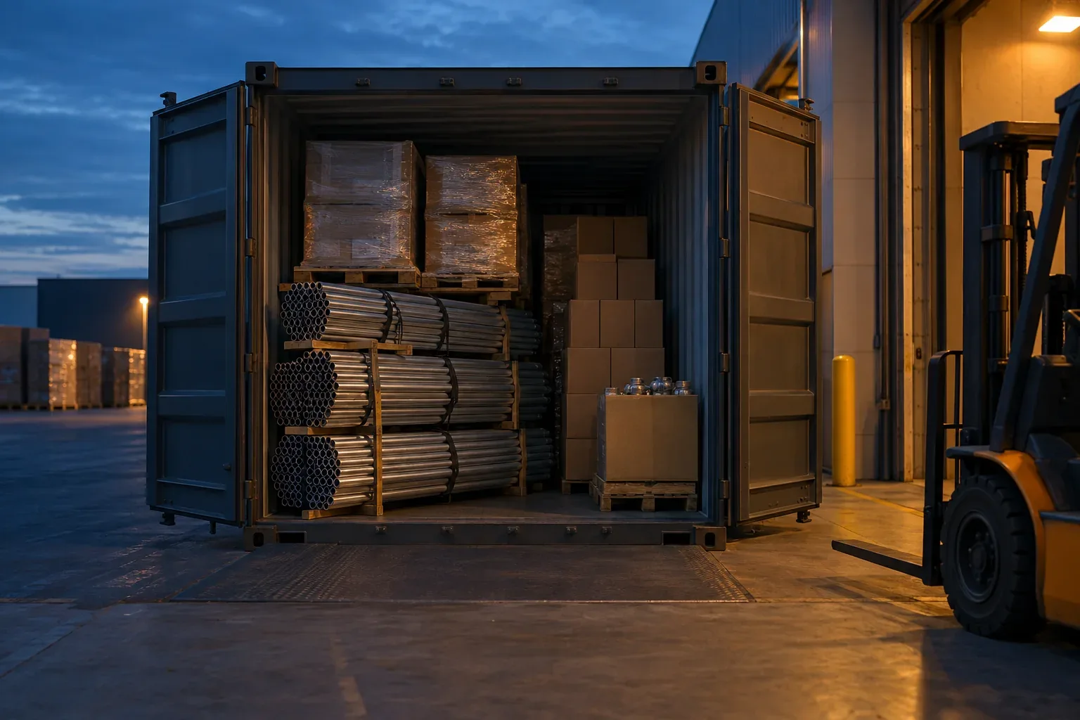 An open shipping container at a loading dock at dusk, packed with bundles of steel tube, wrapped pallets and cartons, a forklift at the edge