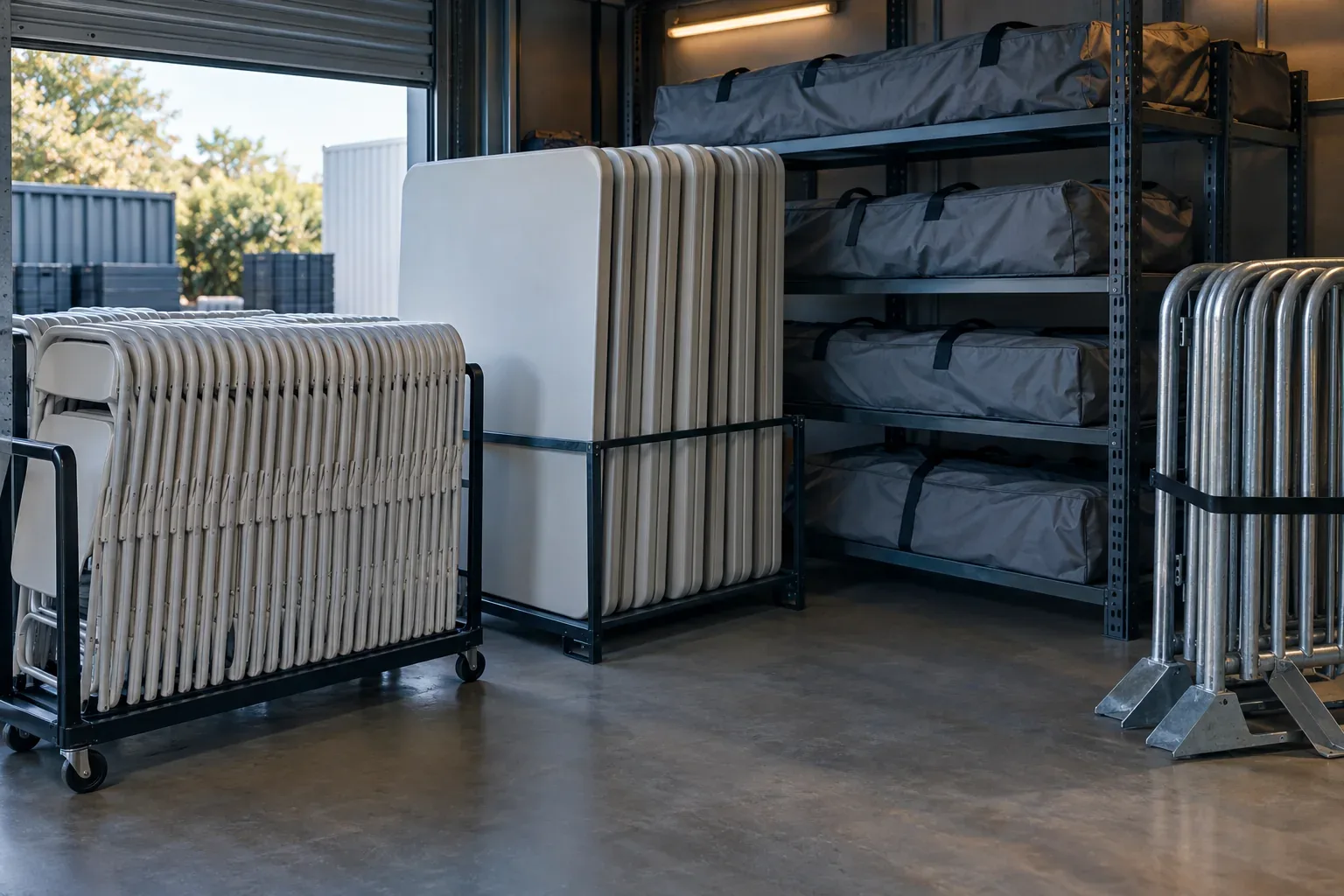 A storage unit with folding chairs on a cart, folded tables in a rack, bagged tent tops on shelves and a strapped stack of steel barricades