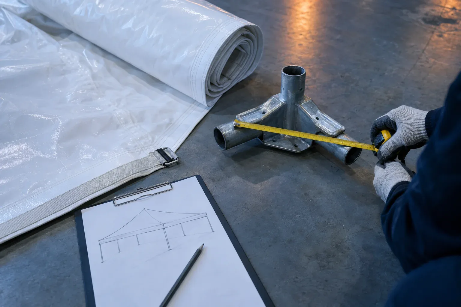 A rolled white PVC tent top on a warehouse floor beside a steel corner fitting, gloved hands measuring it with a tape, and a clipboard with a pencil sketch of a frame tent
