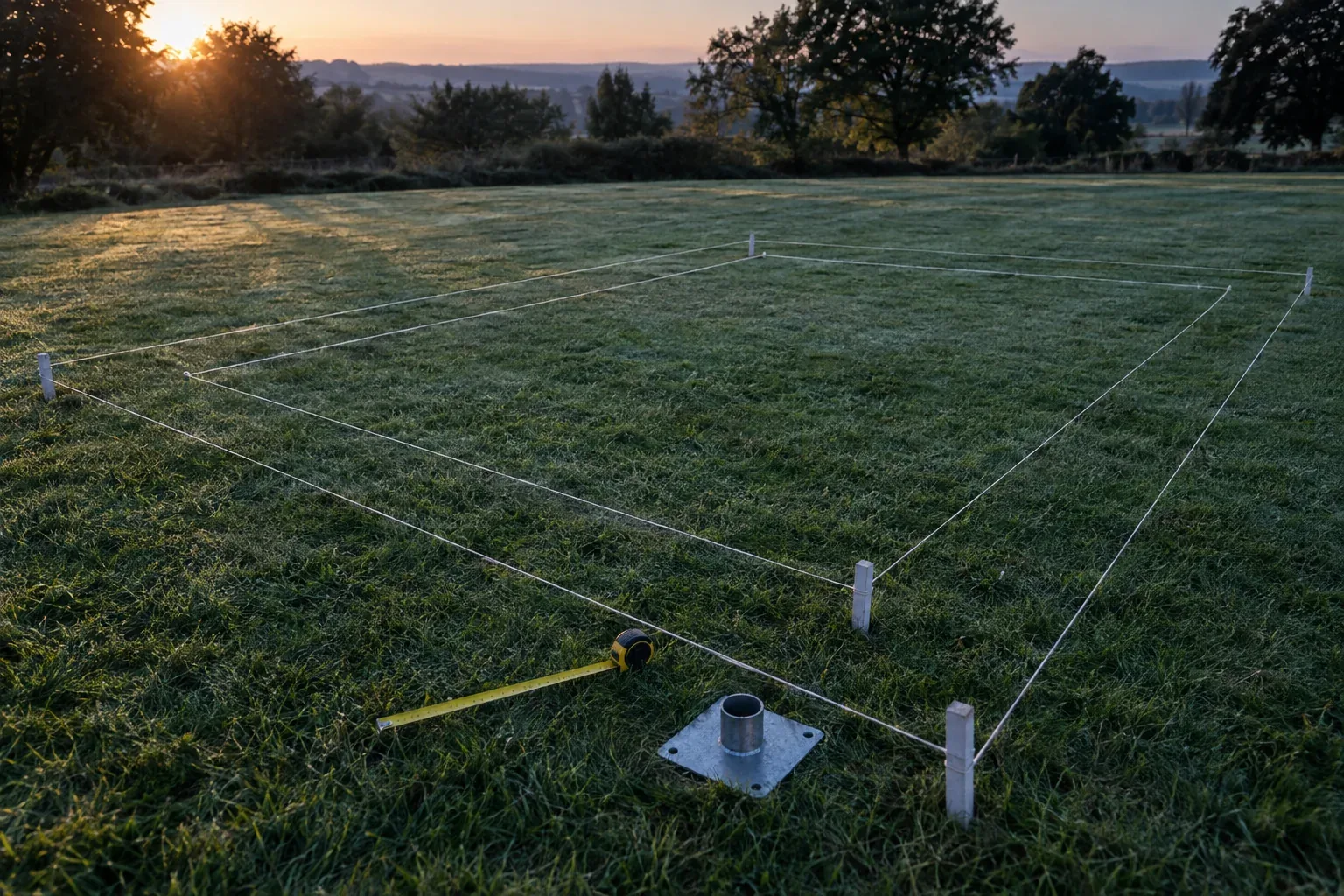 A lawn marked out with white stakes and string in an inner rectangle and a wider border, a tape measure and a galvanized base plate on the grass