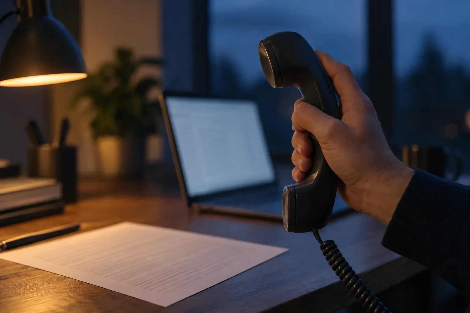 A hand lifting a desk phone receiver beside a printed sheet and a laptop, in evening light