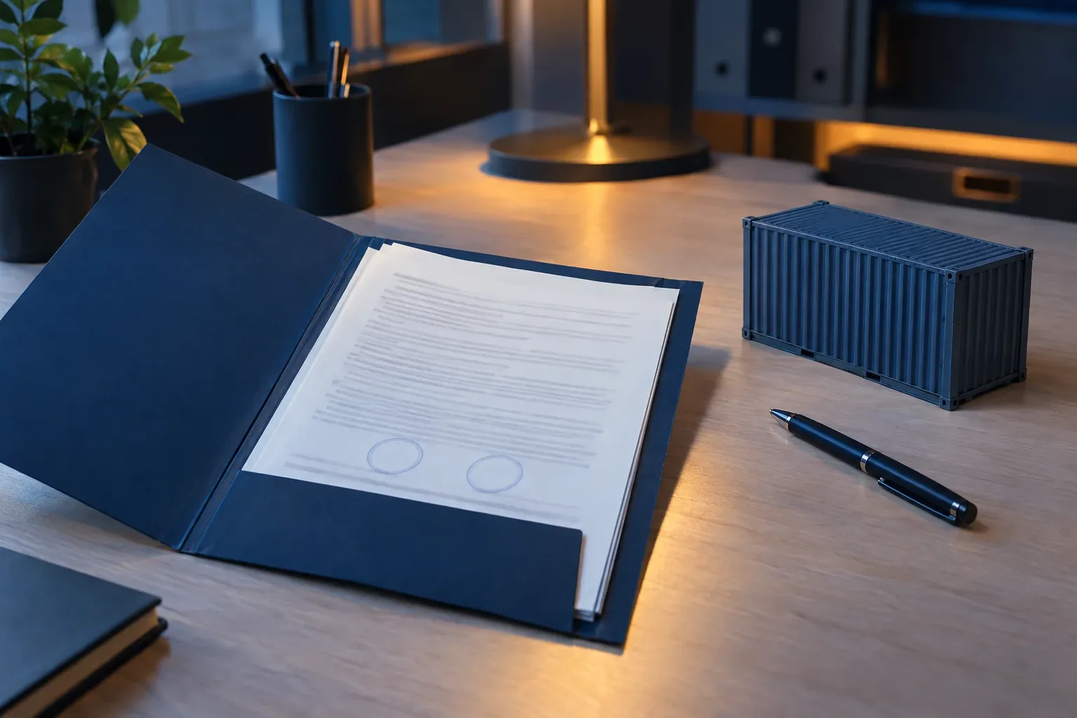 An open folder of documents with blank stamp circles, beside a model shipping container and a pen
