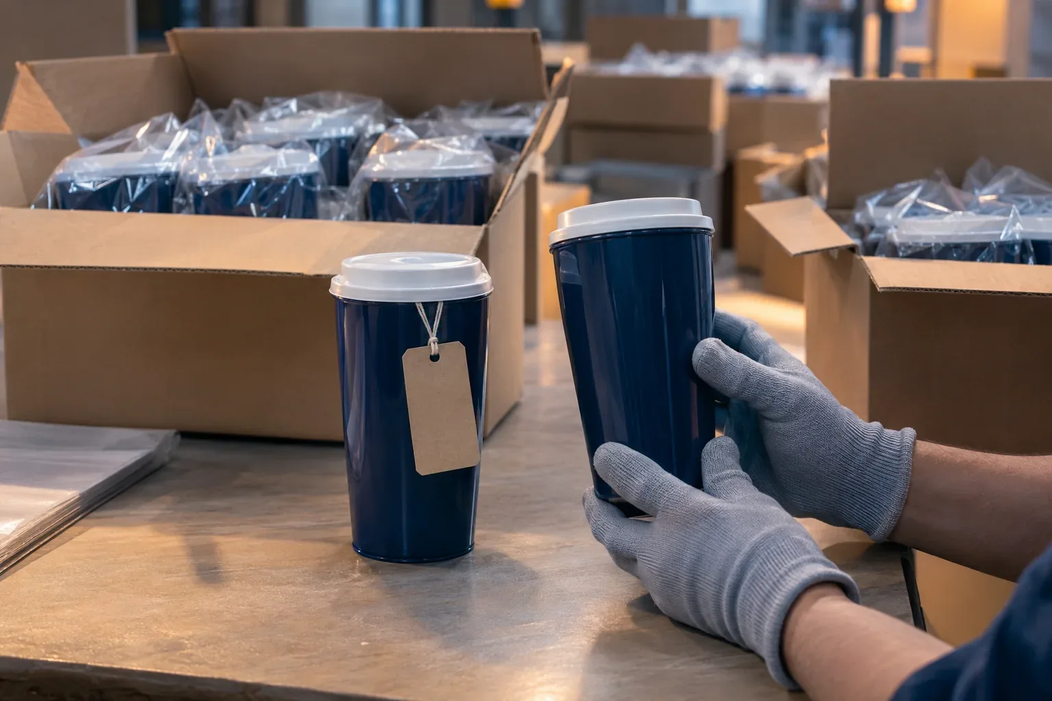 Gloved hands checking a finished cup against a tagged approved sample on a packing table, with open cartons behind
