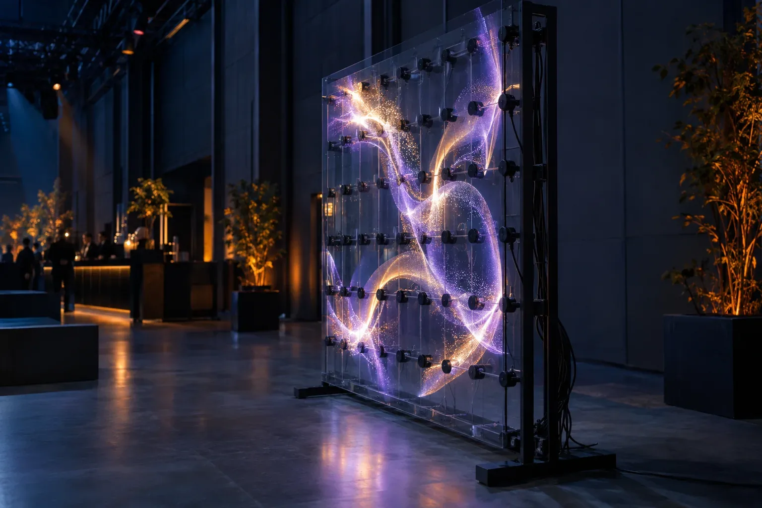 A hologram fan wall on floor feet behind a clear shield, seen from the side in a dim hall