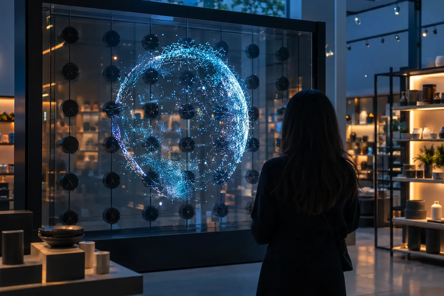 A shopper standing in front of a hologram fan wall behind a clear shield in a store, a glowing sphere floating on it