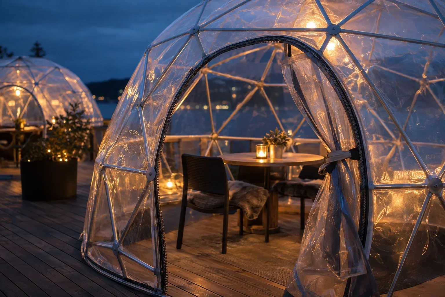 The unzipped door of a clear igloo dome on a deck at dusk, a small table and chairs inside