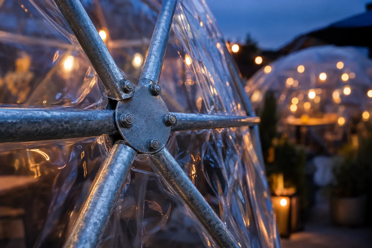 Close-up of galvanized steel struts bolted to a round steel hub against the clear cover of an igloo dome