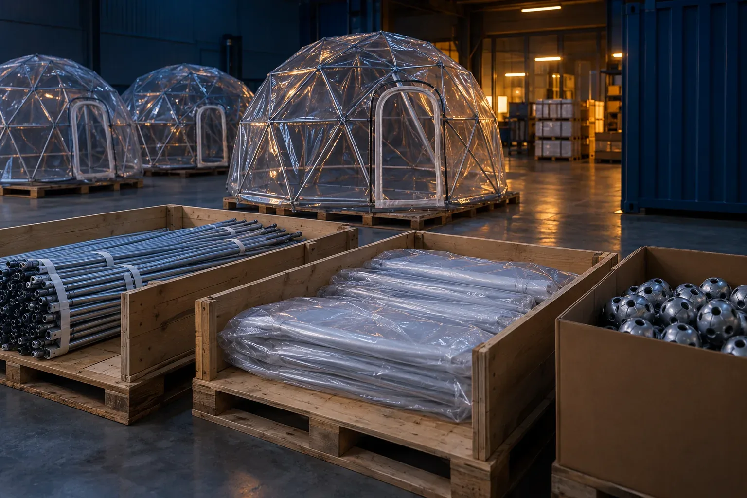 Crates of bundled steel struts, folded clear covers and a box of hubs in a warehouse, with assembled igloo domes behind