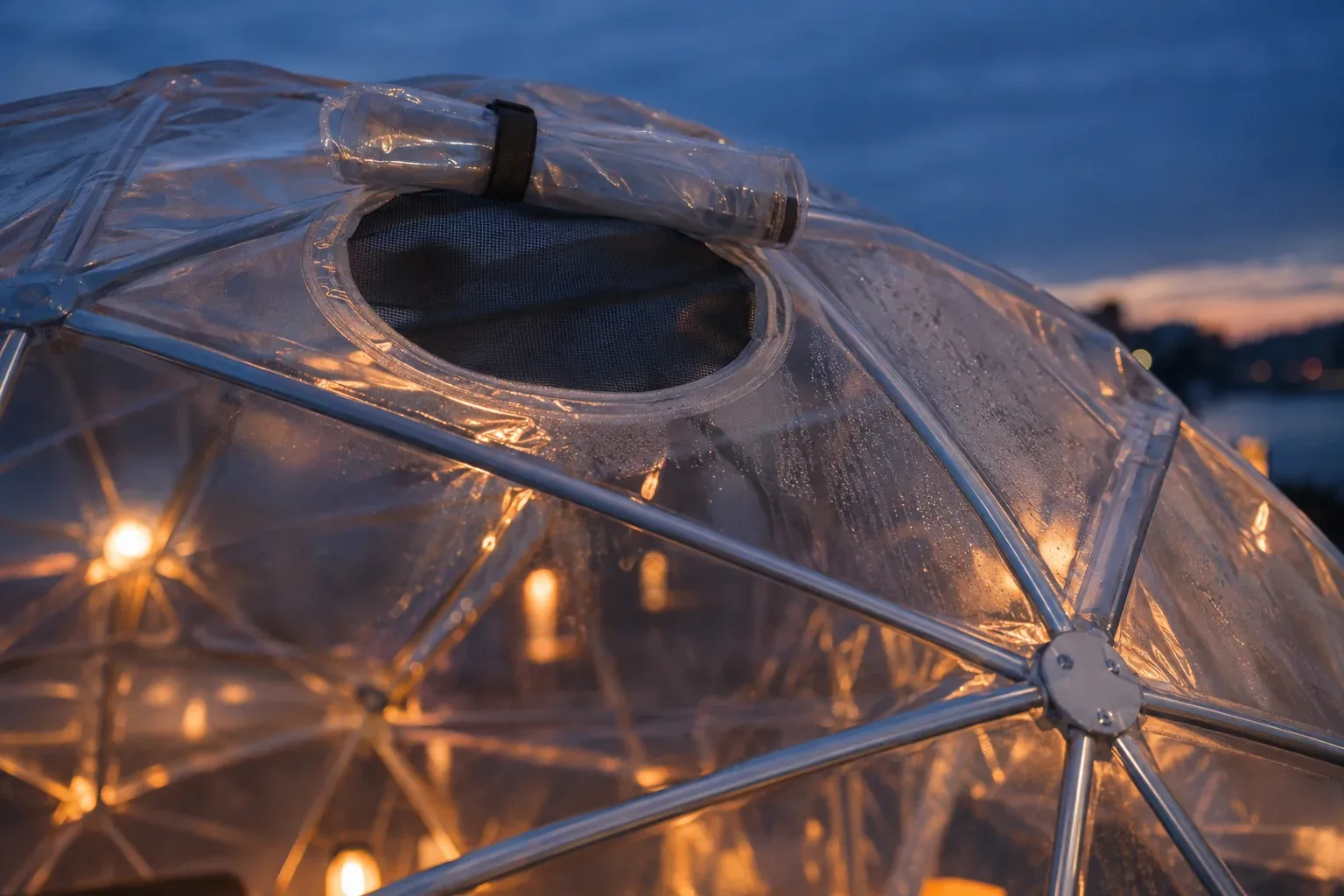 A rolled-open vent with an insect screen near the top of a clear igloo dome, mist on the inside of the cover