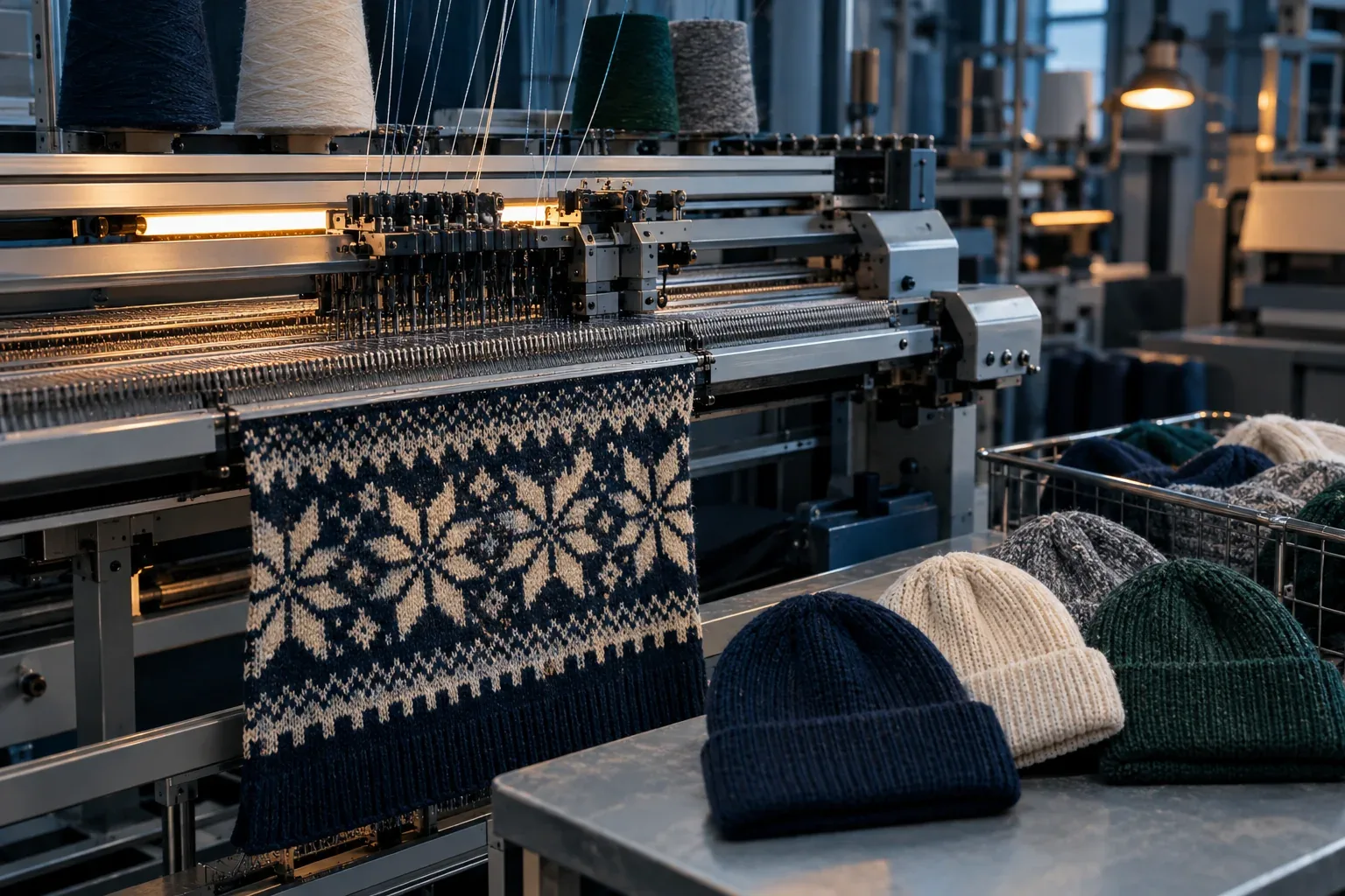 A flat-knitting machine with a navy and cream snowflake jacquard panel hanging below the needle bed