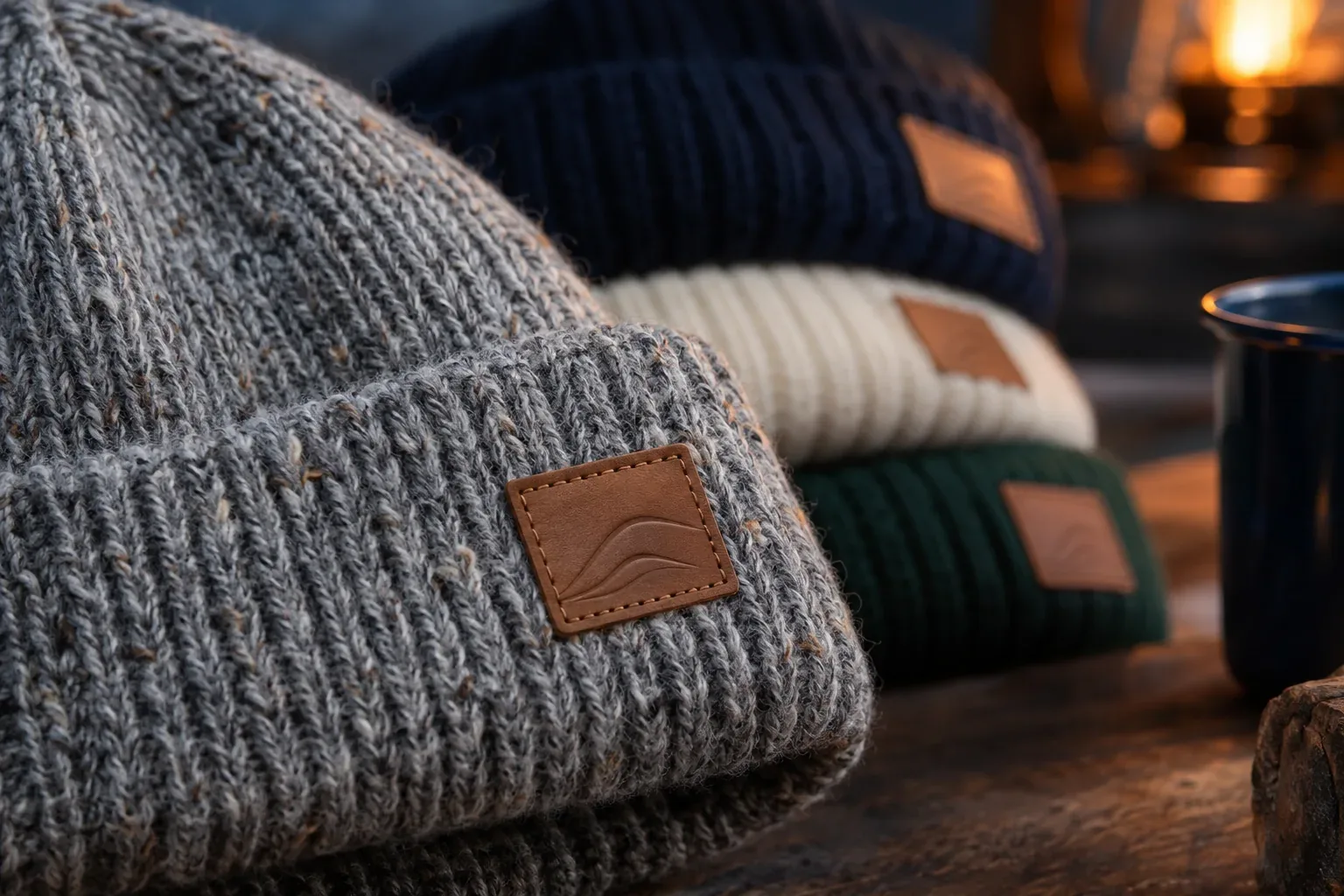 Close-up of a grey fleck beanie cuff with a stitched tan leather patch, more patched beanies behind it