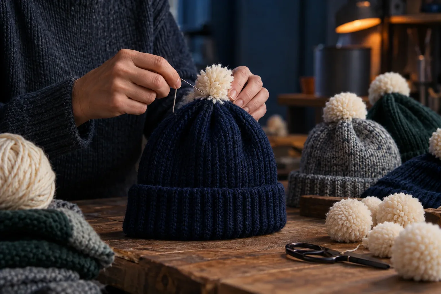 Hands sewing a cream yarn pom-pom onto the crown of a navy knit beanie, with loose pom-poms and scissors on the bench