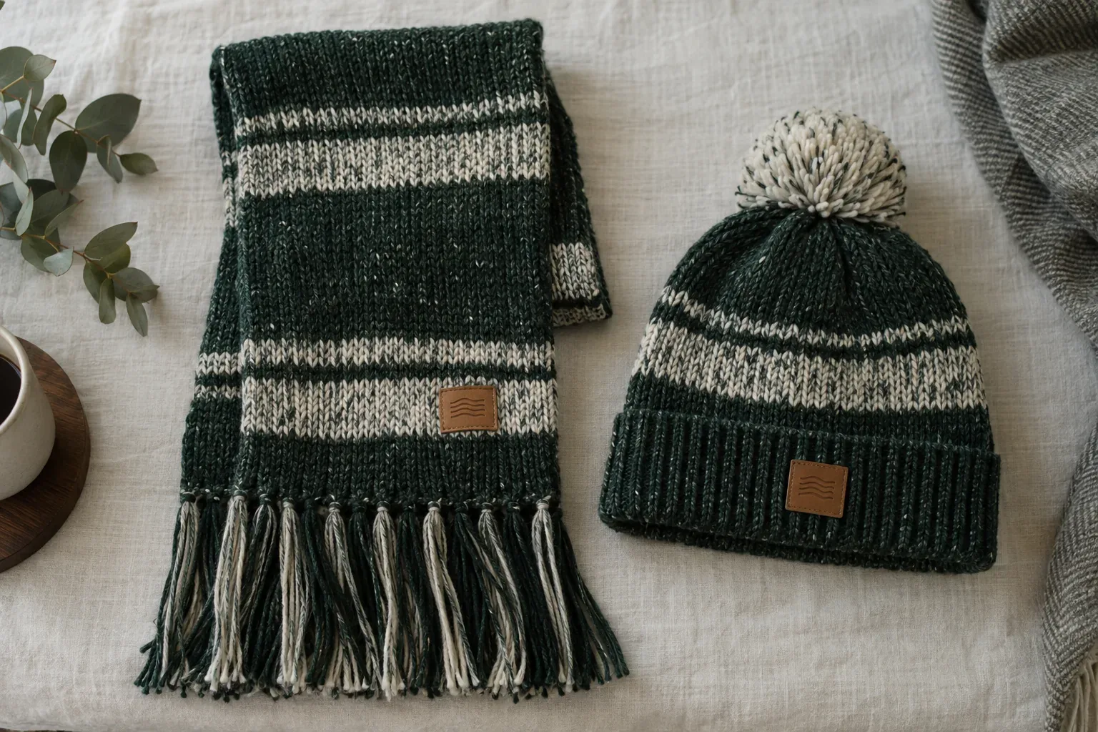 A green and cream knit scarf with a leather patch laid beside a matching pom-pom beanie