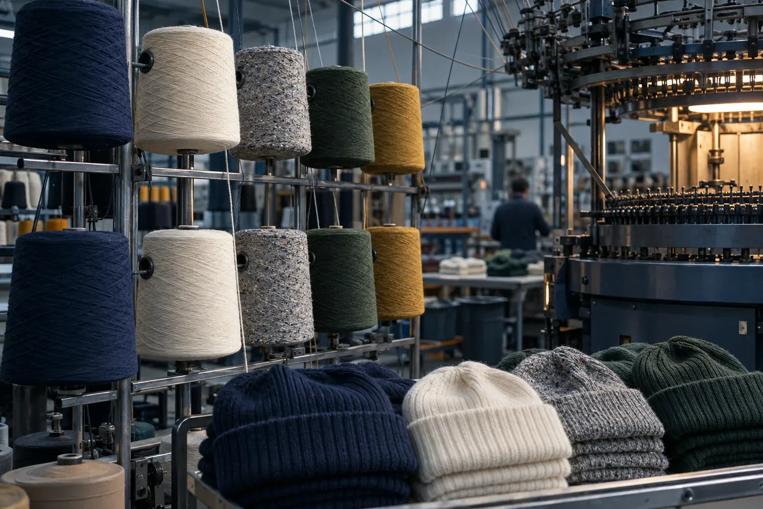 Cones of navy, cream, grey, green and mustard yarn on a rack beside a knitting machine, with folded beanies below