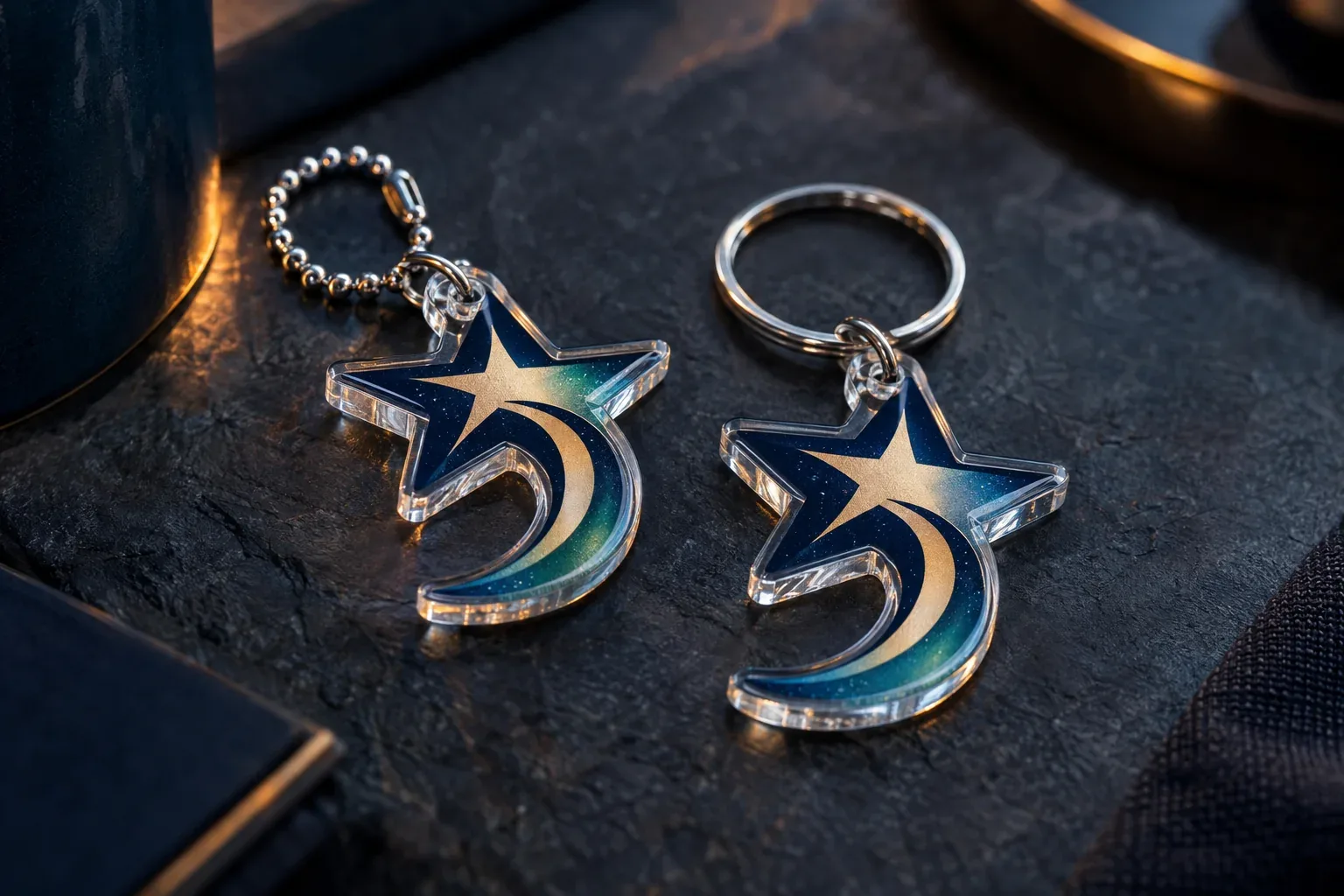 Two clear acrylic keychains cut to a star outline and printed in navy, gold and teal, one on a ball chain and one on a split ring