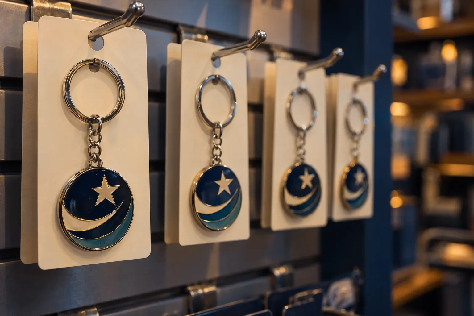 Enamel keychains on blank cream backing cards hanging from peg hooks on a shop wall