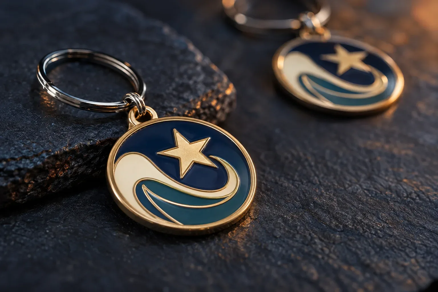 A round gold-plated keychain with navy, cream and teal enamel fields between raised metal lines, on a dark slate surface