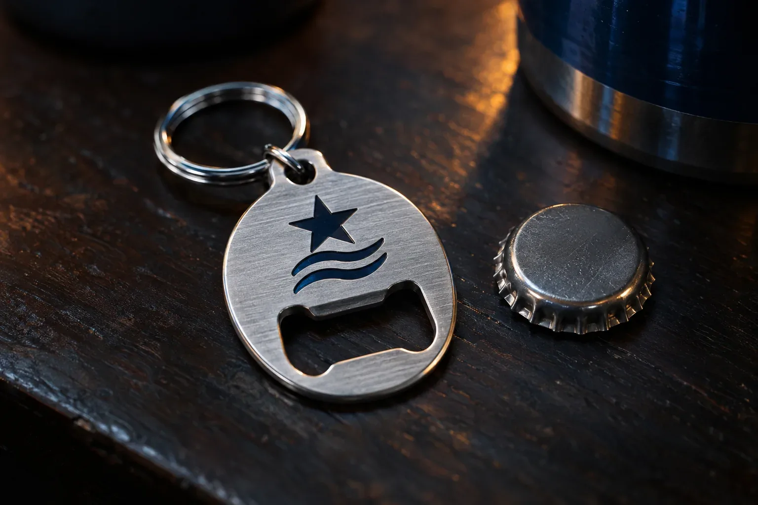 A brushed steel bottle-opener keychain with a navy star and wave mark, beside a bottle cap on a dark wooden counter