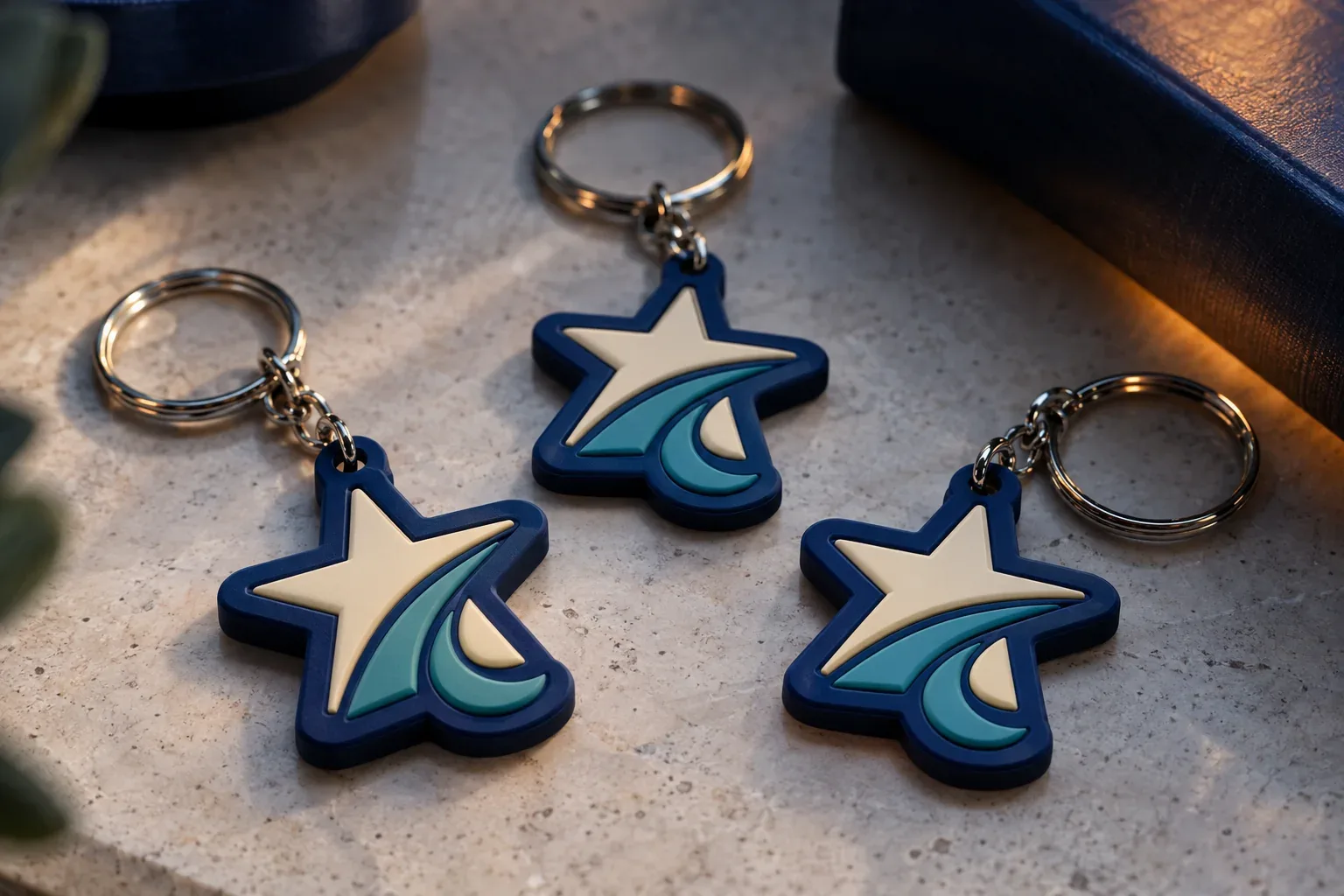 Three soft PVC keychains shaped like a star, in layers of navy, cream and teal, on split rings on a pale stone surface