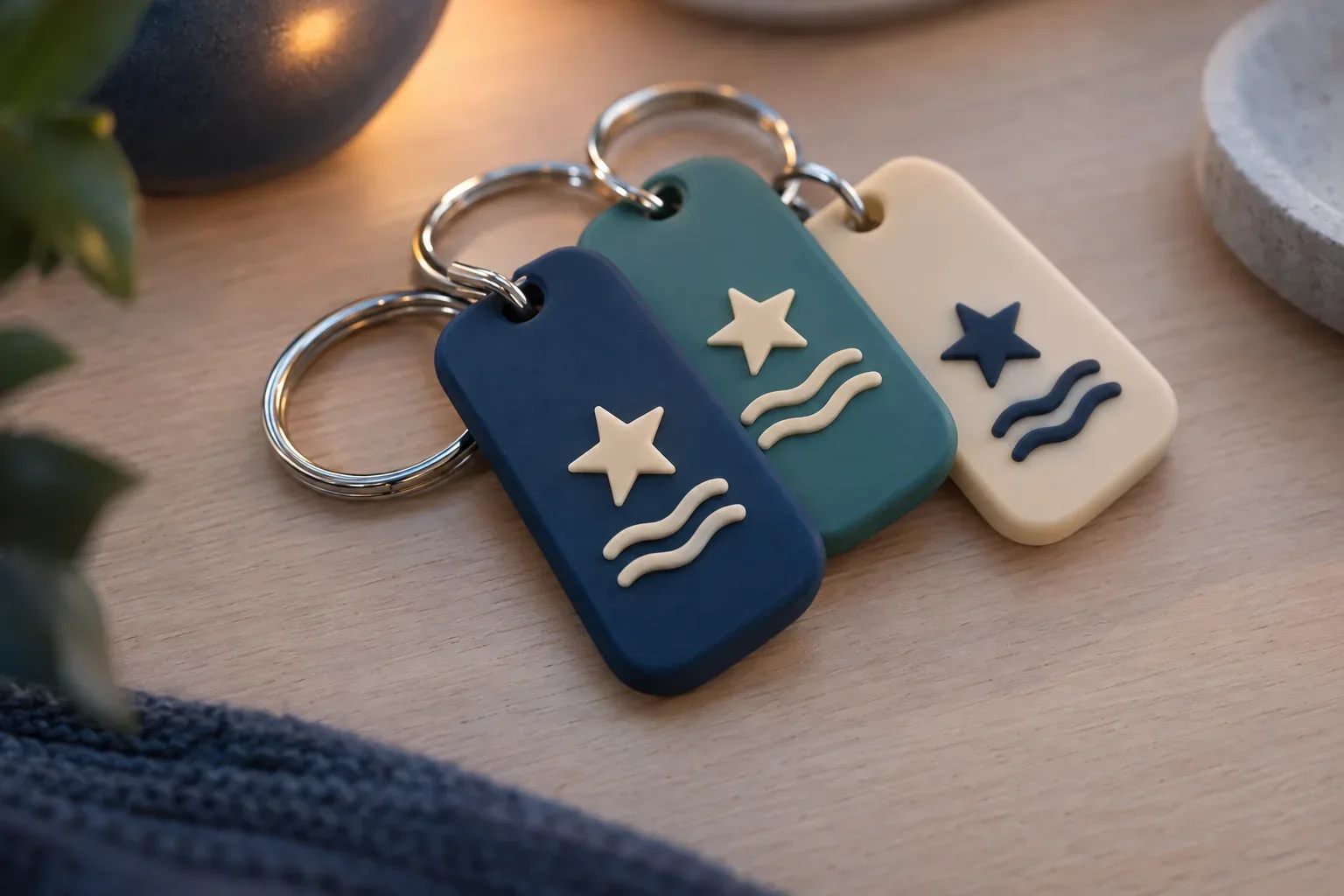 Three matte rubber keychain tags in navy, green and cream, each with a raised star and wave mark, on split rings