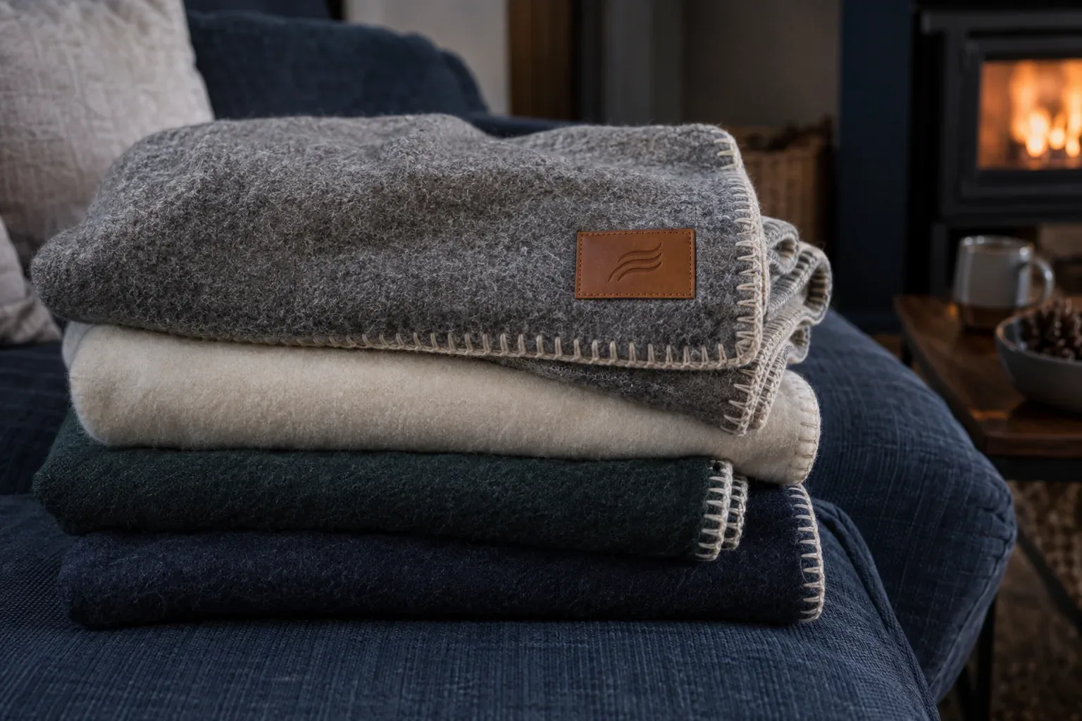 A stack of soft throws with whipstitched edges, the top one grey with a tan leather patch stitched near the corner