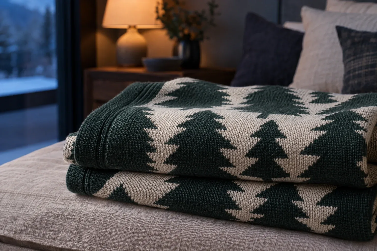 Two folded green and cream knitted throws with a pine tree pattern knitted into the fabric