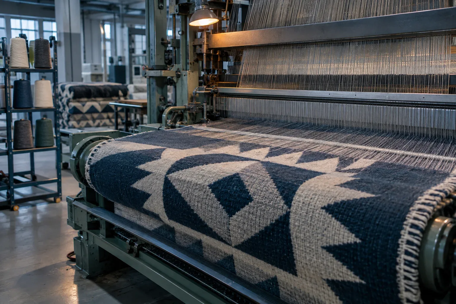 A navy and cream geometric blanket panel rolling off an industrial jacquard loom, with yarn cones on a rack behind
